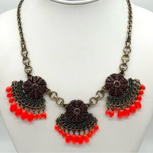 J. Crew Burgundy Blue Bright Coral/Orange Jeweled and Beaded Necklace